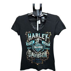 GUC Woman's Harley Davidson Tee with Orange Rhinestone And Aqua Accent Small